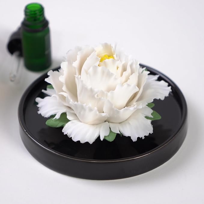Passive Diffuser Ceramic Flower Aromatherapy – Exquisite Handcrafted Ceramic Decorative Essential Oil Diffuser for Office Desk, Home, and Yoga, with Robust Gift Box Packaging (White Peony)