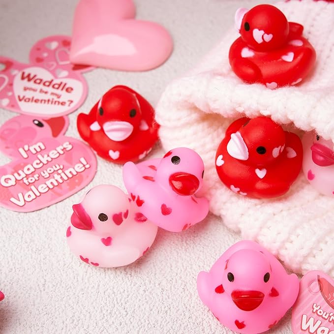 JOYIN 24 Pcs Valentine’s Day Mini Rubber Duck 1.2 Inches with Gift Cards, Small Rubber Duckies with Duck Card Tags, Rubber Duck Bath Toys for Classroom Exchange Prizes, Valentine Party Favors Toys