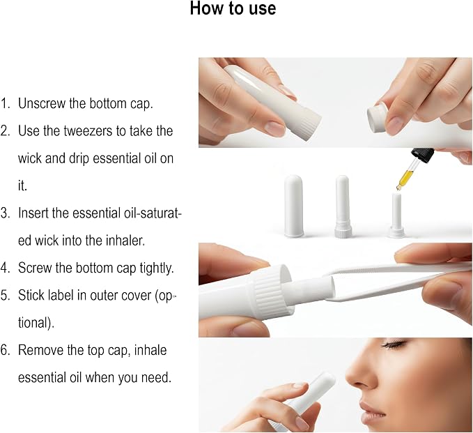 12 Pcs White Refillable Nasal Inhalers, Eco-Friendly PP Plastic Personal Aromatherapy Inhaler Sticks, Blank Essential Oil Inhaler Tubes for Travel, Office, Home, Gym - with Cotton Wicks