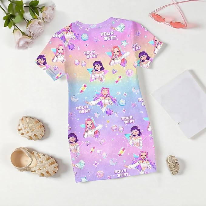 Girl's Anime K-POP Graphic Long Dress T-Shirt - Casual Loose Fit Short Sleeve Top
