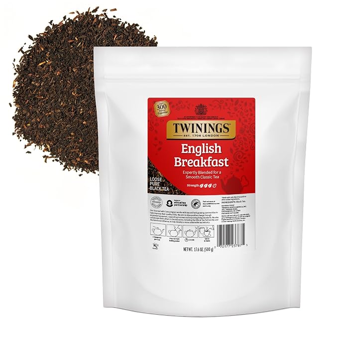 Twinings English Breakfast Loose Leaf Tea, 17.6 Ounces (500g) Resealable Pouch for Freshness (Pack of 1), Smooth, Flavourful, Robust Black Tea Leaves, Caffeinated, Enjoy Hot or Iced