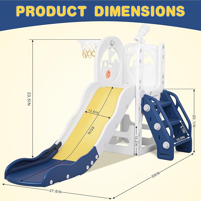 6 in 1 Toddler Playset Toddler Slide and Climber Playset, L-Shaped Kids Slide with Basketball Hoop, Telescope & Storage, Sturdy Indoor Outdoor Playground, for Boys Girls 1-3+