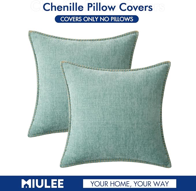 MIULEE Decorative Couch Throw Pillow Covers 18x18 Inch Coastal Light Blue | 2 Pack, Farmhouse Pillow Covers with Stitched Edge, Soft Chenille Cushion Cases, for Sofa Bed Living Room Home Decor