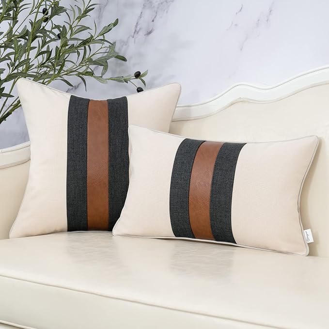 Patchwork Pillow Cover 12x20 Inch Luxury Cotton and Linen Cushion Cover Faux Leather Pillowcover for Couch Bedroom Living Room, White