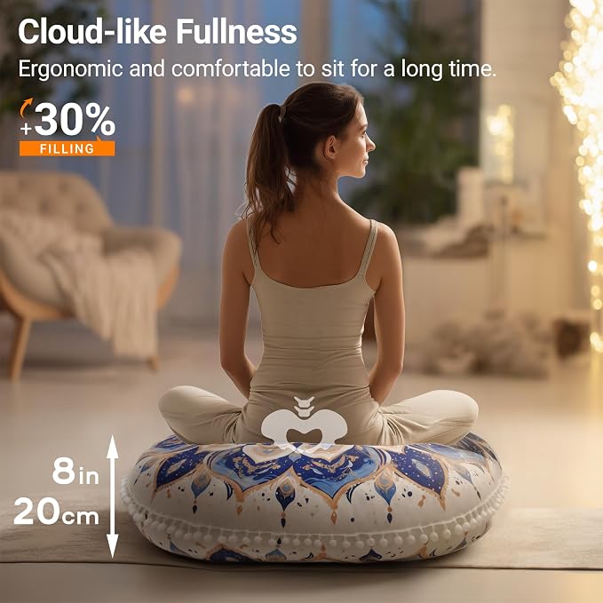 Meditation Cushion 32 Inch Round, Large Floor Pillow Seating for Adults, Bohemian Mandala Yoga Cushion, Extra Thick Memory Foam Removable Washable Cover, Ideal Gift & Holiday Decor, Brown
