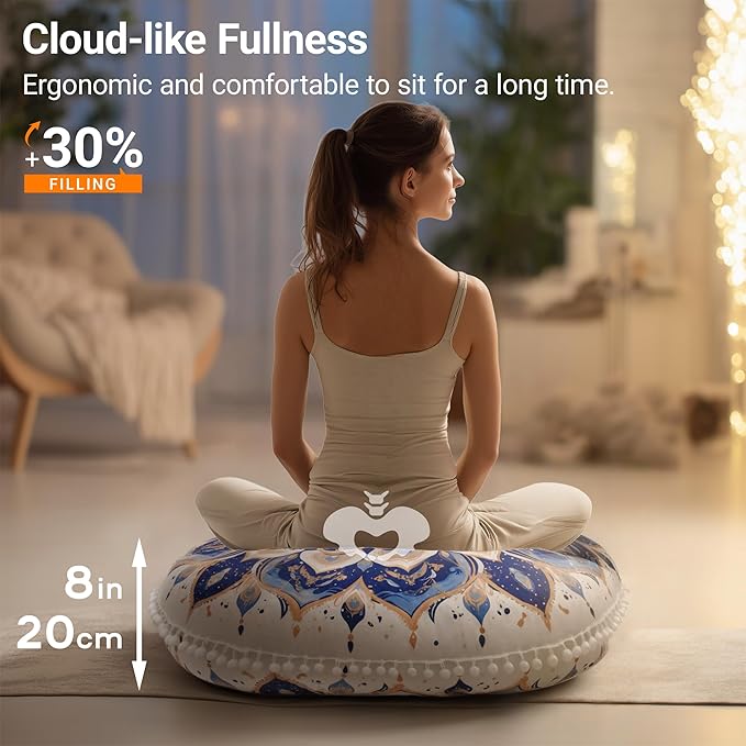 Meditation Cushion Set of 2, Round Floor Pillow Seating for Adults, Bohemian Mandala Yoga Cushion, 32" Extra Thick Memory Foam Removable Washable Cover, Ideal Gift Holiday Decor, Blue
