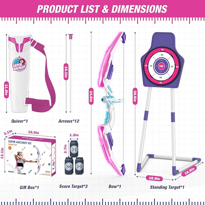 Bow and Arrow for Kids 4-6, LED Light Up Archery Set with 12 Suction Cup Arrows, 1 Standing Target, 3 Score Targets&1 Quiver, Indoor Outdoor Sport for Boys Girls Ages 8-12, Purple