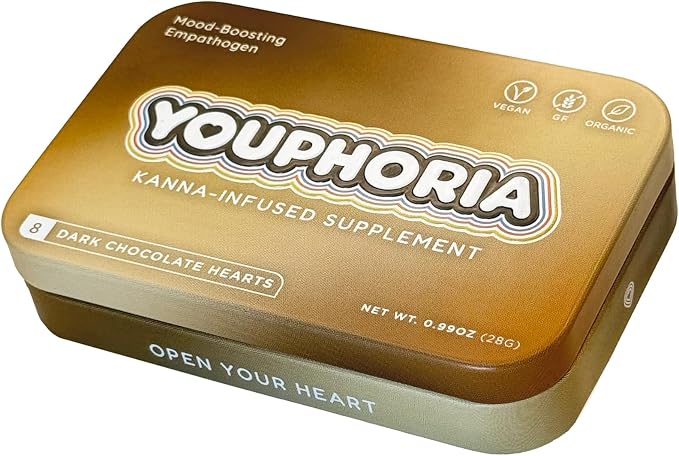 Youphoria Dark Chocolate Hearts, 600mg Kanna Supplement with L-Theanine for Relaxation, Organic, 8 Count
