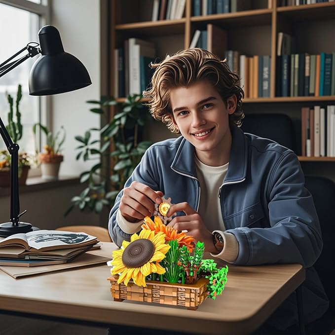 BIGEARN Flowers Bonsai Building Set - DIY Artificial Sunflower Botanicals Collection for Adults, Indoor Plant for Desk & Home Decor, Gift for Girls, Wife & Mother