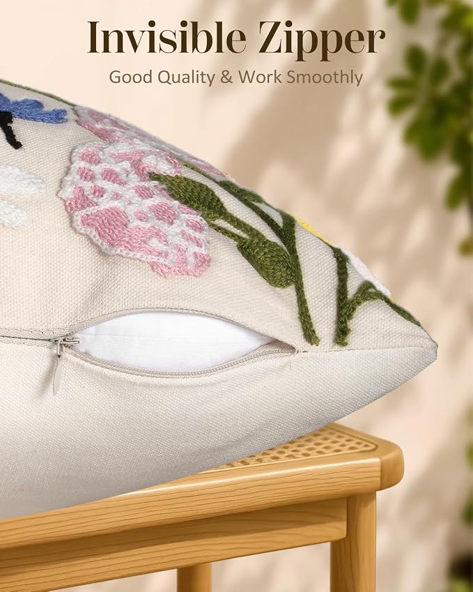 Embroidered Throw Pillow Covers 18x18 Inch, 2Pack, Retro Flower | Decorative Pillow Covers Set of 2, Vintage Boho Cushion Cases with Hidden Zipper, Floral Decor for Couch, Sofa, Living Room