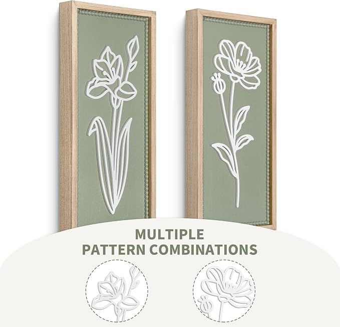 Sage Green Bathroom Wall Decor Set of 2, Framed 3D Wooden Floral Wall Art | Raised white floral cutouts in rectangular frames, ready to hang; rustic boho farmhouse decor for bedroom and hallway walls