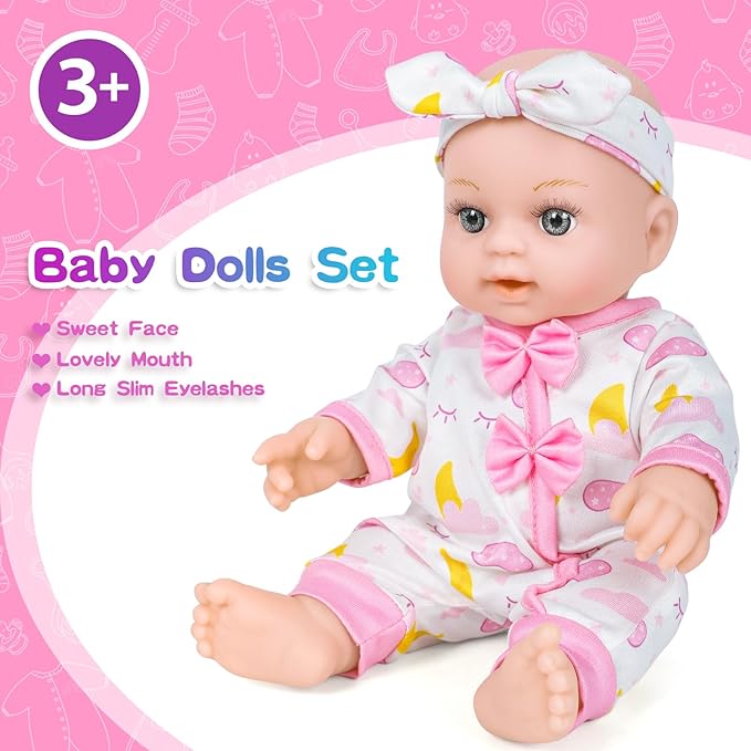 12 Inch Baby Doll Crib Playset with Dolls Clothes and Accessories Including Soft Sleep Bassinet Bed, Bottles, Nipple, Eye Mask, Slippers, Blanket, Pillow, Gift Idea for Ages 3+