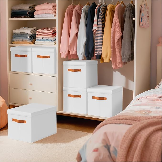 Storage Bins with Lids - Large Fabric Closet Bins with Lid, 5 Pack Clothes Organizers and Storage, Collapsible Stackable Cube Basket for Home, Office, Dorm, White
