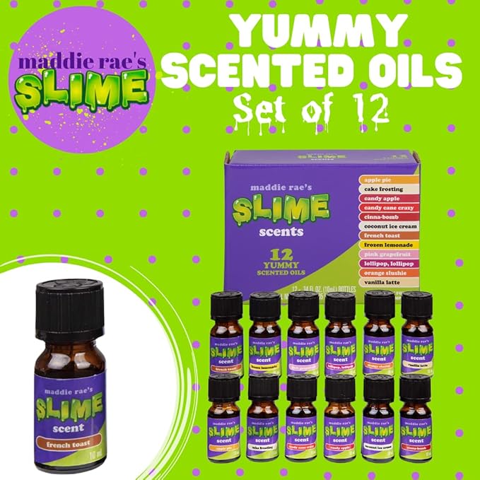 Maddie Rae's Slime Yummy Scented Oils (12 Pack) - X Large 10ml (.34 oz) Natural Food Fragrance Bottles for Diffusers, Aromatherapy, Essential Oil, DIY Candle & Soap Making, Crafts, Supplies, Gift