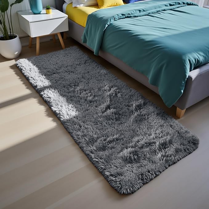 Soft Runner Rugs for Bedroom, Grey 3x7 Area Rugs Fluffy Rug Shag Area Rug Carpet, Bedside Rug for Living Room Bedroom Room Home Decor
