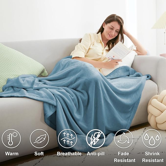 Hansleep Twin Washed Blue Fleece Blanket, Soft Flannel Bed Blanket | Fuzzy Cozy Blanket 60x80 Inches, Multi-use for Bed, Sofa, Couch, Travel, Camping, All Season Warm Lightweight Cover