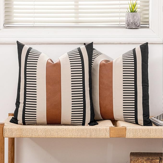 Set of 2 Farmhouse Striped Pillow Cover 18x18 Boho Accent Cushion Case Faux Leather Decorative Pillowcase,Black and Beige (Cover ONLY)