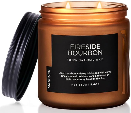 M&SENSE Fireside Bourbon Candles Home Scented, Non Toxic Soy Wax 11.6oz 70 Hours Long Clean Burning, 2 Wick Campfire Candle Cozy Winter Home Decor, Housewarming Gifts for Women Men