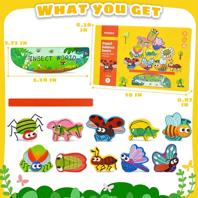 Vileafy Montessori Wooden Insect Toys for Kids Ages 3-5 – Bug Learning Blocks for Storytelling, Pretend Play & STEM Stacking – Educational Toy & Quiet Activities for Boys and Girls