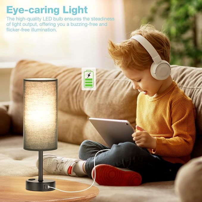 Fenmzee Black Bedside Lamp for Bedroom, Dimmable Touch, USB A+C, AC Outlet | 3-Way Dimmable, LED Bulb Included, USB C+A Charging Ports, Black Fabric Lampshade, Metal Base, 14in Small Table Lamp