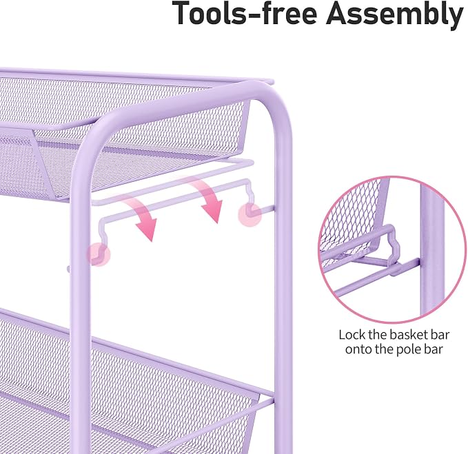 TOOLF 3 Tier Rolling Cart, Metal Utility Storage Cart with Wheels, Purple | 3 Hooks, Screwless Assembly, Trolley Organizer for Bathroom, Kitchen, Office, Nursery, Dorm, Laundry Room