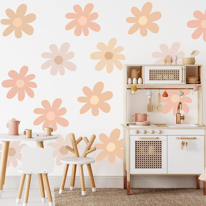 TaoBary 12 Sheet Daisy Wall Sticker Decal,Light Color,Bobo Style | Big Flower Wall Sticker, Pink White Floral Decal, Daisy Bedroom Room Decor, Removable Peel and Stick, Nursery Home Wall Decor