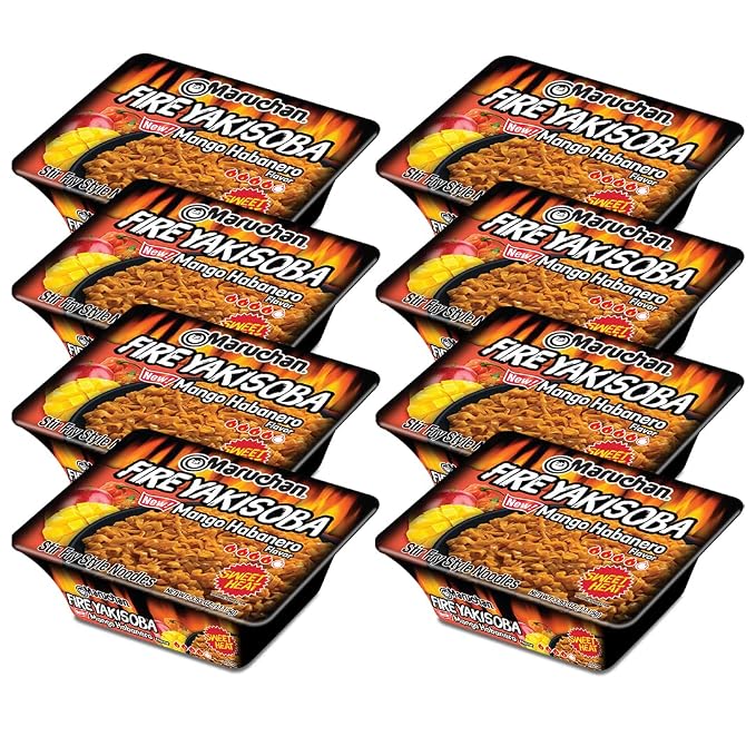 Maruchan Yakisoba, FIRE Mango Habanero Flavor – Stir-Fried Japanese Instant Ramen Noodles, High Protein Microwavable Meal – 3.93 Oz. (8 Pack)