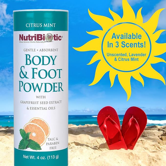 NutriBiotic – Body & Foot Powder, Citrus Mint Scent From Essential Oils, 4 Oz | with Grapefruit Seed Extract | Vegan & Non-GMO | Talc, Paraben & Gluten Free | Gentle & Absorbent