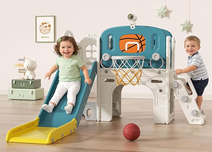 BIERUM 9 in 1 Toddler Slide Set - Baby Slide for Toddlers 1-3 with Ring Toss and Basketball Hoop, Indoor Outdoor Toddler Playset Playground Blue Yellow