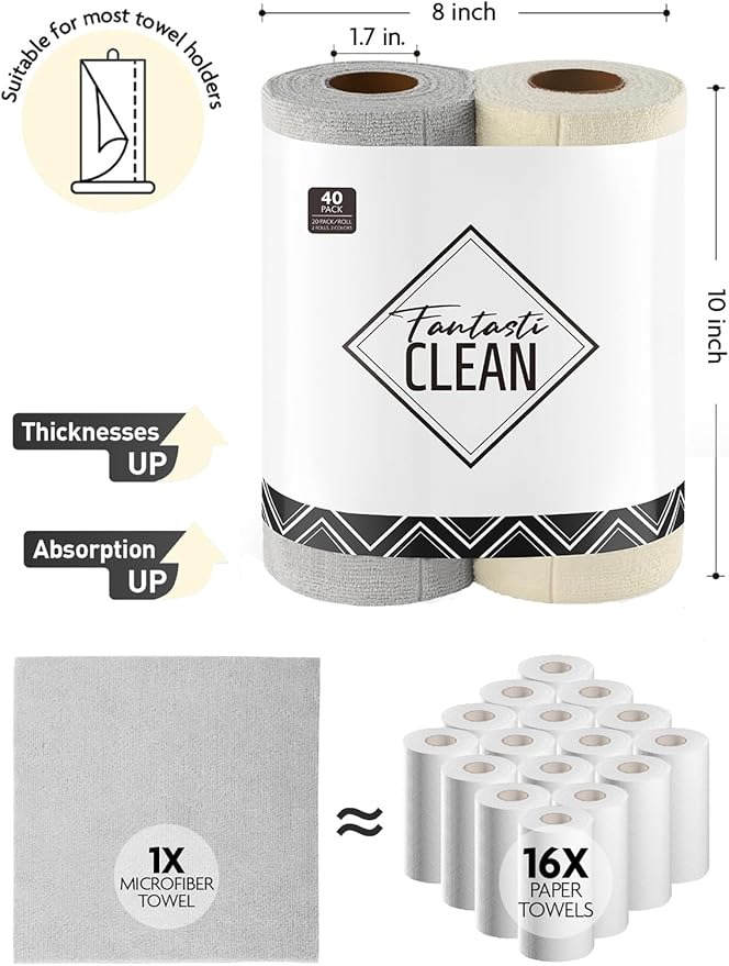 Fantasticlean Kitchen Towels Roll, 40 Sheets, 10''x 10'' (Beige, Grayish) | Tear-away Dish Towels for Kitchen, Ultra Absorbent, Lint-free, Premium Microfiber Cleaning Cloths, for All-Purpose Cleaning