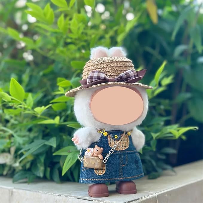 4/5/6 Set Doll Clothes Compatible with 17cm labubu, Clothes for Dolls Outfit, Contain Hat +Glasses+ Summer Camisole Dress+Mini Bag+ Mini Camera + Shoes, No Doll Include (Brown)