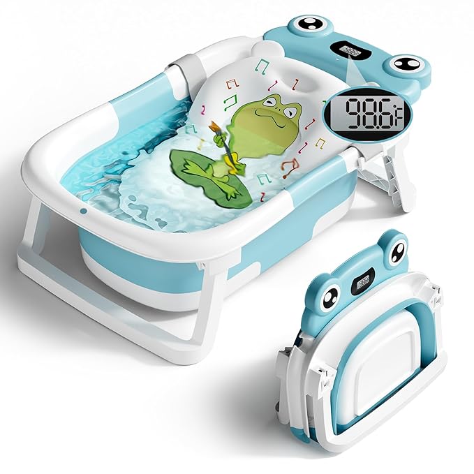 BUNWAG Baby Bathtub, Collapsible Newborn Bathtub for Infant to Toddler with Soft Cushion and Thermometer,Portable Travel Newborn Tub with No-Slip Feet, Baby Shower Gifts, 0-12 Months Baby Bath, Blue