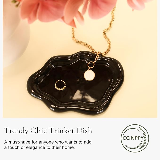 CCINPPY Ceramic Cloud Jewelry Tray Trinket Dish Key Bowl Nightstand Decor | Decorative Small Desk Tray Jewelry Plate Key Holder Bowl Cute Bedroom Room Decor Aesthetic, Gift for Women, Black Medium