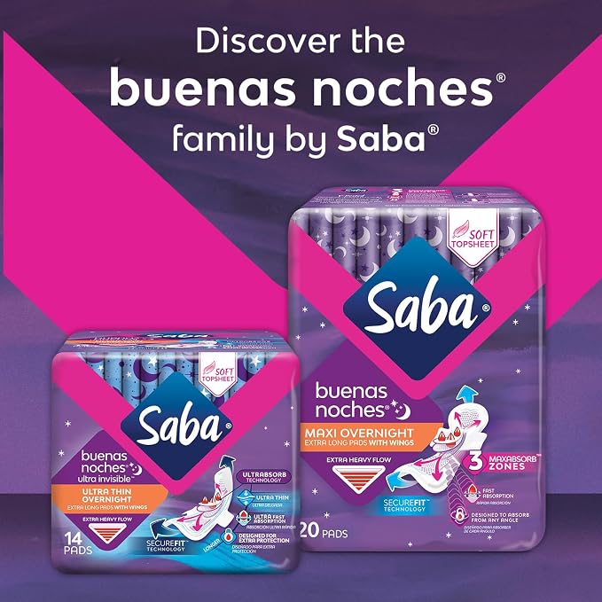 Saba Buenas Noches Overnight Maxi Pads with Wings, Built for Absorption Distribution and Protection, 6-Pack of 20 Pads (120 Count)
