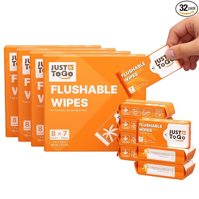 Flushable Wipes, Septic-Safe & Breaks Down, Plant-Based Biodegradable Butt Wet Wipes, Travel-Size Ultra-Compact Pocket Packs, Hypoallergenic Unscented for Sensitive Skin, 224 Count (4 box)
