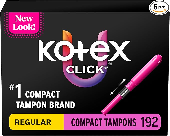 U by Kotex Click Compact Tampons, Regular Absorbency, Unscented, 192 Count (6 Packs of 32) (Packaging May Vary)