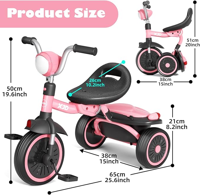 XJD Toddler Tricycle, Foldable Toddler Bike with Pedals, Tricycle for 2-5 Year Olds, Adjustable Comfortable Seat, Christmas Birthday Gifts for 1-5 Years Old Boys and Girls (Pink)