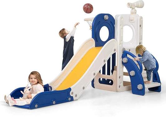 NYEEKOY Toddler Slide,6 in 1 Indoor Slide for Toddlers 1-3, Freestanding Slides for Kids with Basketball Hoop, Telescope, Storage, Playground Slide and Climber Playset for Outdoor Backyard, Blue