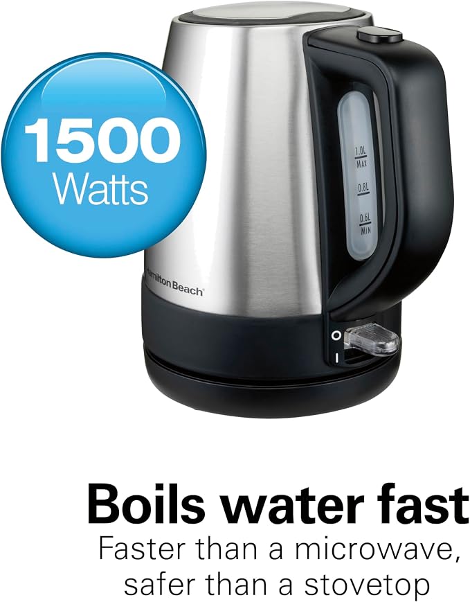 Hamilton Beach Electric Tea Kettle, Water Boiler & Heater, 1 L, Cordless, Auto-Shutoff & Boil-Dry Protection, Stainless Steel (40998)
