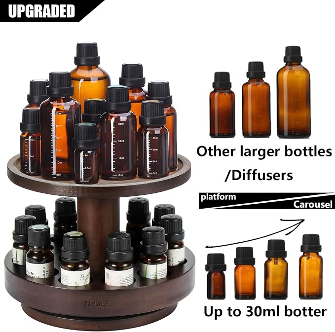TJ.MOREE Bamboo Essential Oil Organizer 2-Tier Carousel Holder Black Walnut | Bamboo Material, Fits 5 ml to 30 ml Essential Oil Bottles, Suitable for Home and Office Spaces