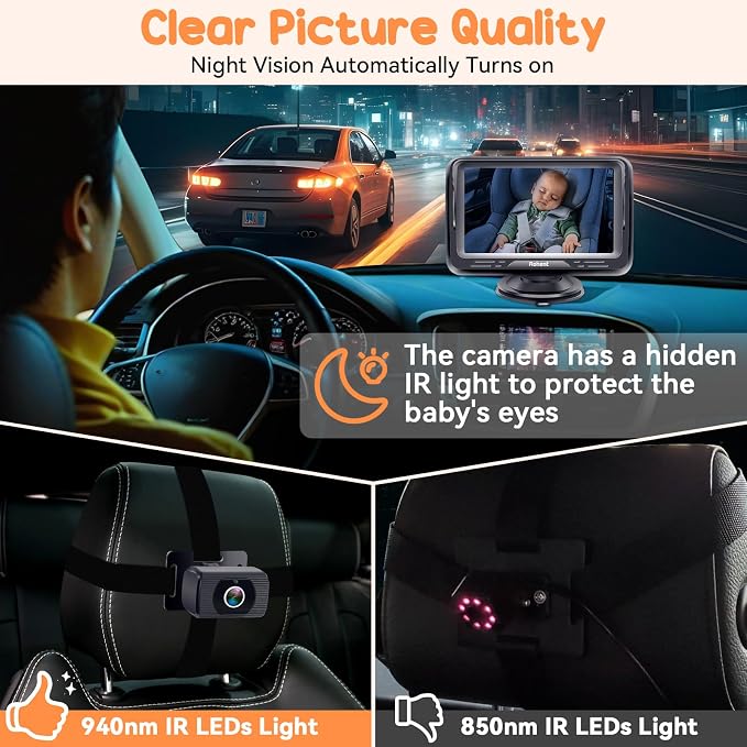 Rohent Baby Camera for Car 2 Pack - Dual HD 1080P Monitors with Night Vision, Adjustable Angles, Glare-Free Display, Easy Installation for Two Vehicles, Ideal for Road Trips