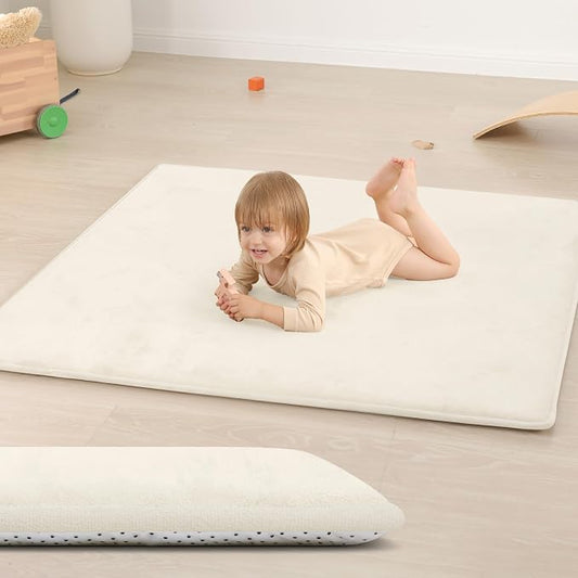 Huloo Sleep Baby Play Mat for Floor,1.3" Thick Elasti-Foam 50"×50" Playpen Mat for Tummy Time,Water Repellent Soft Coral Velvet for Toddler,Infant,Kids,Non-Slip Backing Safe for Crawling(Cream)