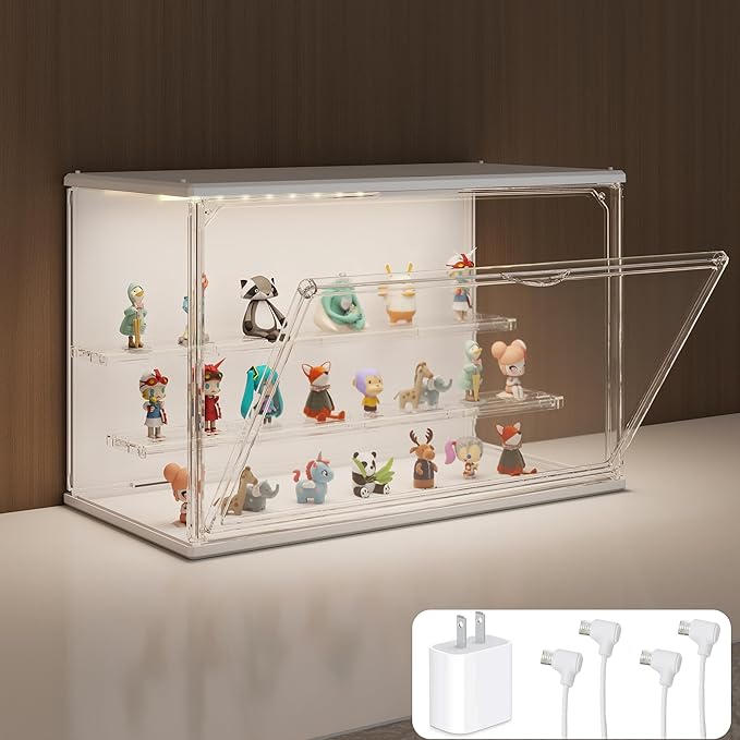 Clear Display Case for Collectibles, 3-Tier Adjustable Figure Display Case with LED Light, Stackable Acrylic Showcase with Magnetic Door for Model Figures, Jewelry & Collectibles (White)