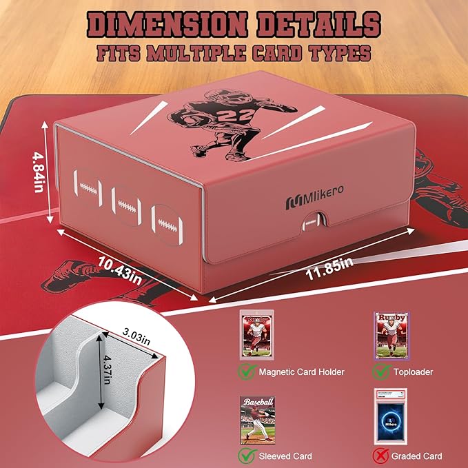 Mlikero Football Card Storage Box, Trading Card Storage Box Oversized Fits Toploaders, Magnetic Closure Sports Card Case for Football Cards 2026 (Holds 500+ Toploaders)
