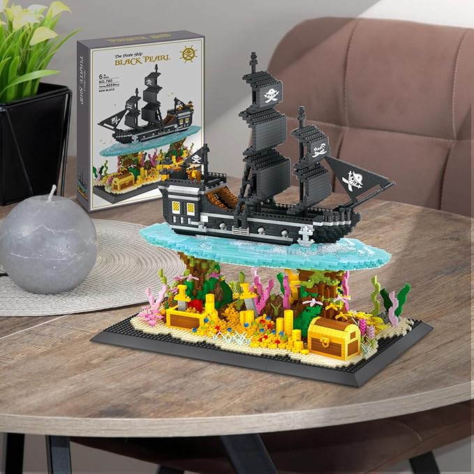 Pirates Ship Model Building Blocks Kits,Classic Mini Micro Blocks Building Set,4059PCS+,MOC Black Pearl Sailboat with Treasure，Collectible Display Model, Great Gift for Adults/Teens