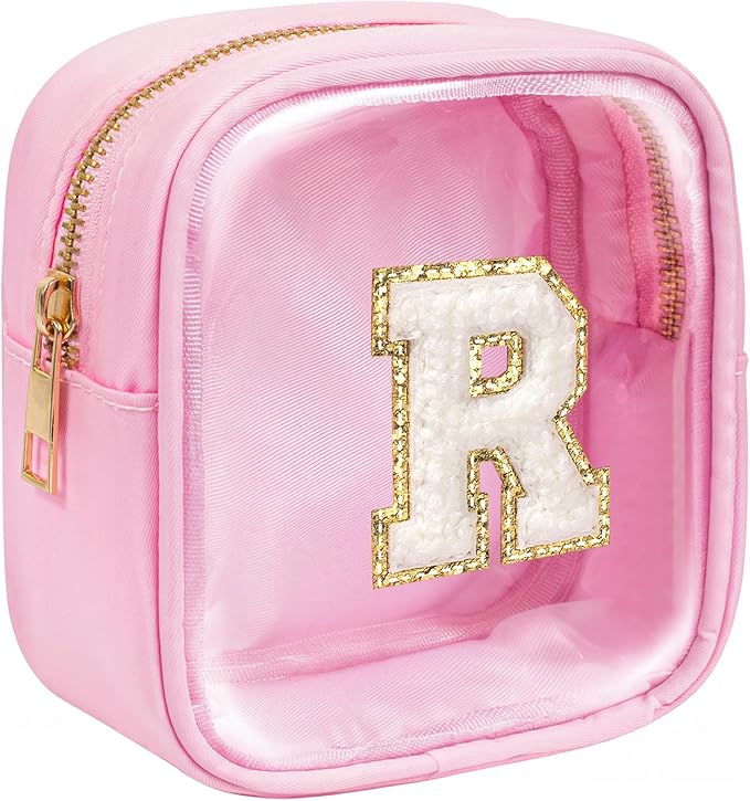KOTORA Mini Initial Makeup Bag | Travel Toiletry Bag | Clear Makeup Bag | Travel Essentials Gifts for Women Teen Girlfriend Teacher Brithday Gifts Clear Toiletry Bag Small Mini Cosmetic Bag Pink R