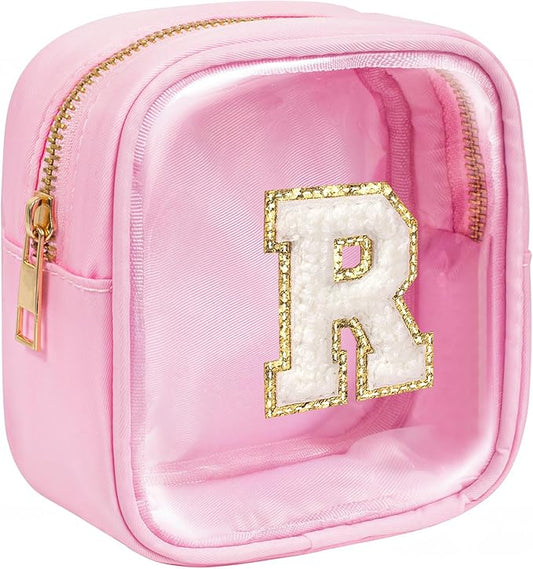 KOTORA Mini Initial Makeup Bag | Travel Toiletry Bag | Clear Makeup Bag | Travel Essentials Gifts for Women Teen Girlfriend Teacher Brithday Gifts Clear Toiletry Bag Small Mini Cosmetic Bag Pink R