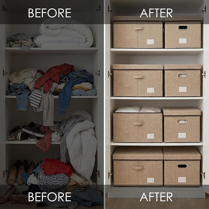 Storage Bins with Lids [3-Pack] Jute Fabric Foldable Storage Boxes Organizer Containers Baskets Cube with Cover for Home Bedroom Closet Office Nursery khaki（23.4X15.9X11.5