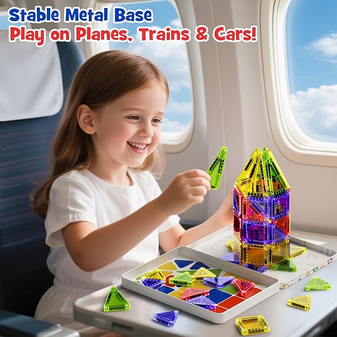 Portable Magnetic Tiles for Kids Travel - 40pcs STEM Building Blocks with Visual Storage Guide & Metal Box Play Base, Toddler Airplane Activities Toys for Ages 3-5,4-8, Compact Travel Toys