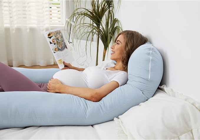 ZZZhen Pregnancy Pillow for Sleeping, U Shaped Maternity Pillow - 56 Inch with Grey Microfiber Removable Cover, Multi- Use and Support Back, Hips, Legs, Belly for Pregnant Blue Women Sleeping
